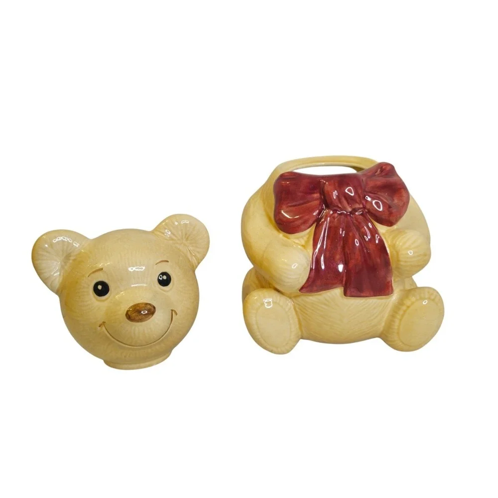 Vintage Metlox Golden Teddy Bear Cookie Jar Red Bow Calif USA MCM Mint 11-inch